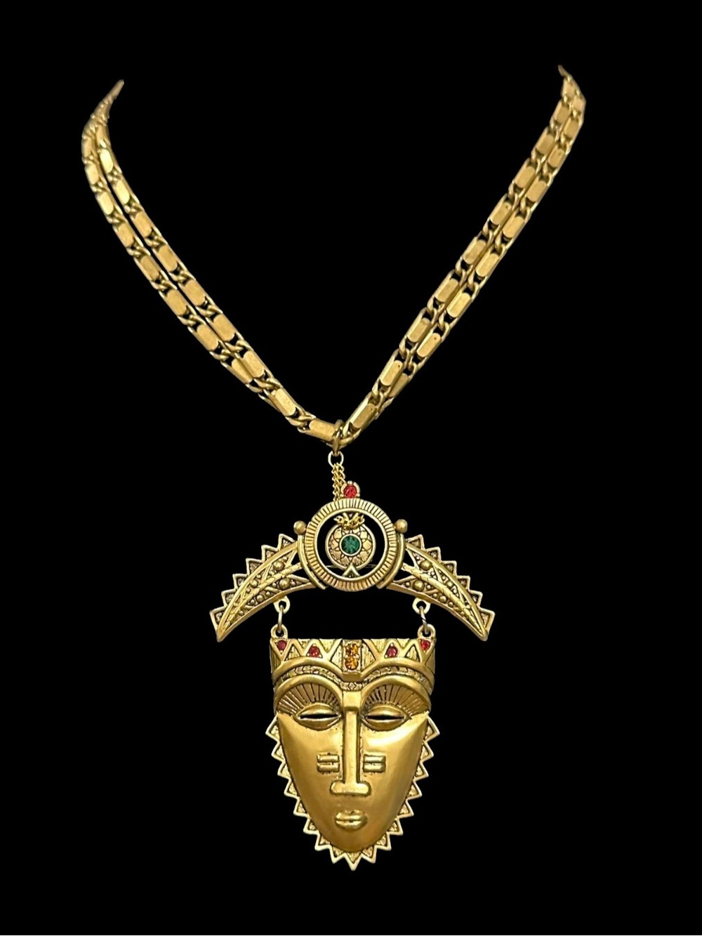 Gold Tone Tribal Mask Pendant Necklace - Women Jewelry